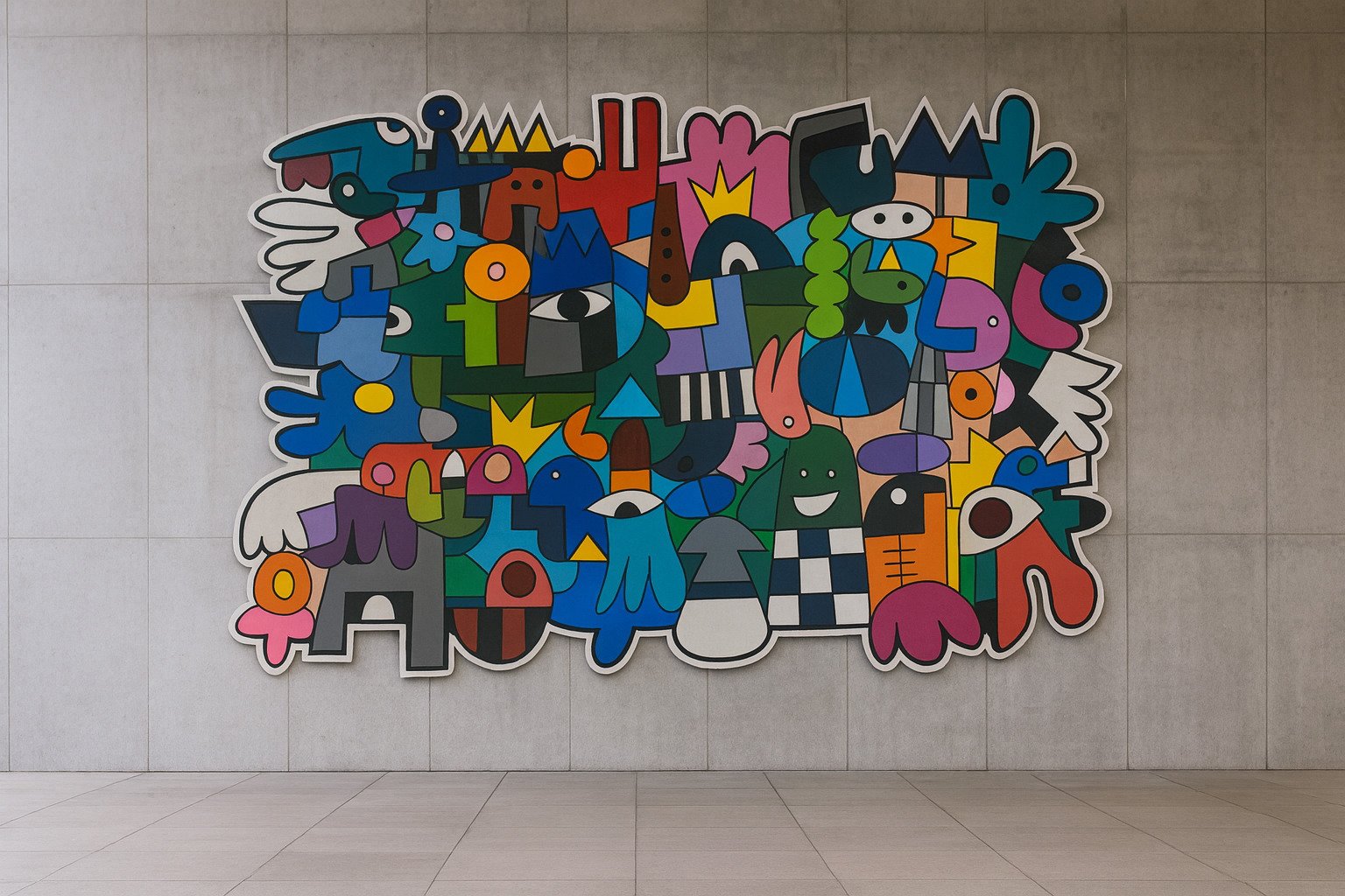Large painted wood wall sculpture by Ihab Ahmad, acrylic on wood, 230 x 170 cm, 2024