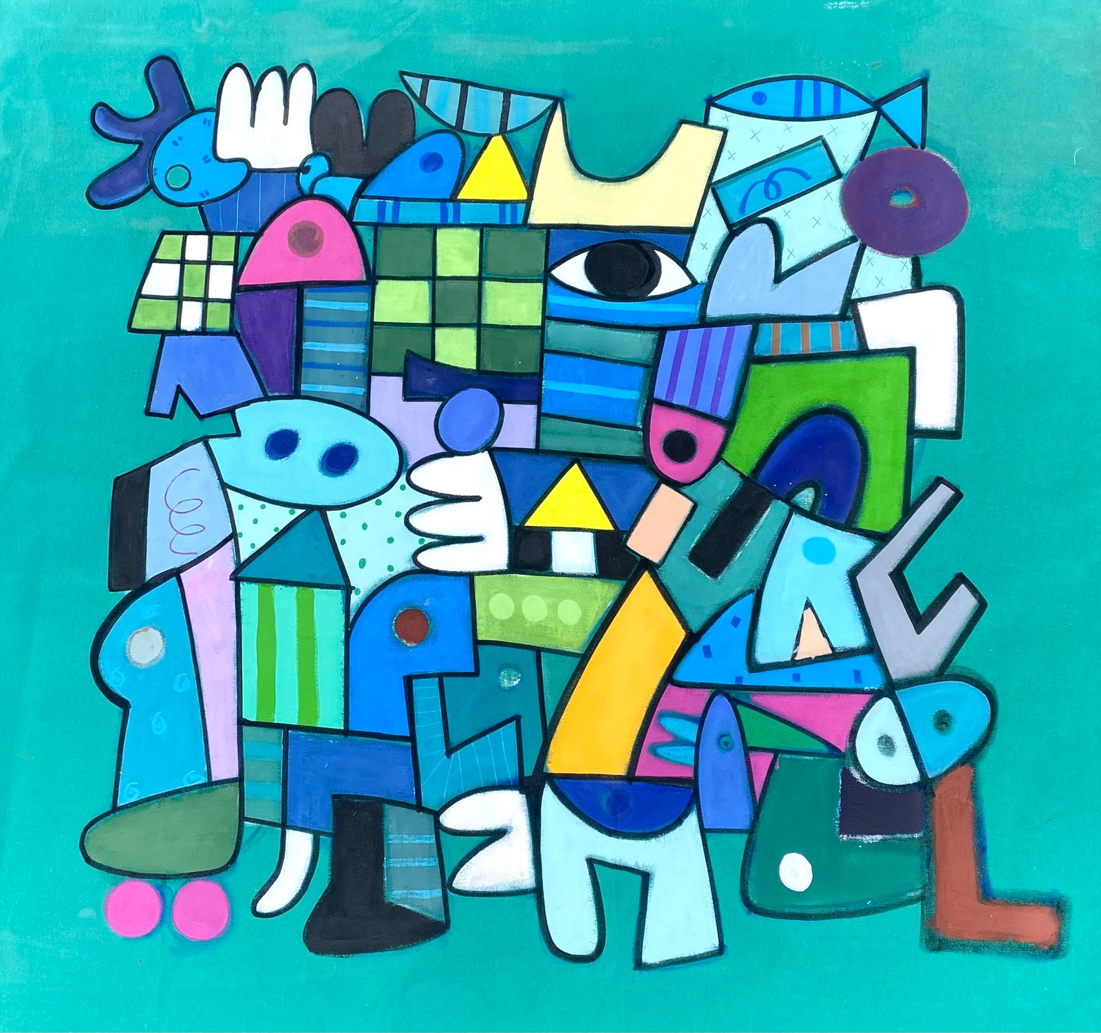 In the Garden, acrylic and oil on linen, 100 x 100 cm, 2025, painting by Ihab Ahmad